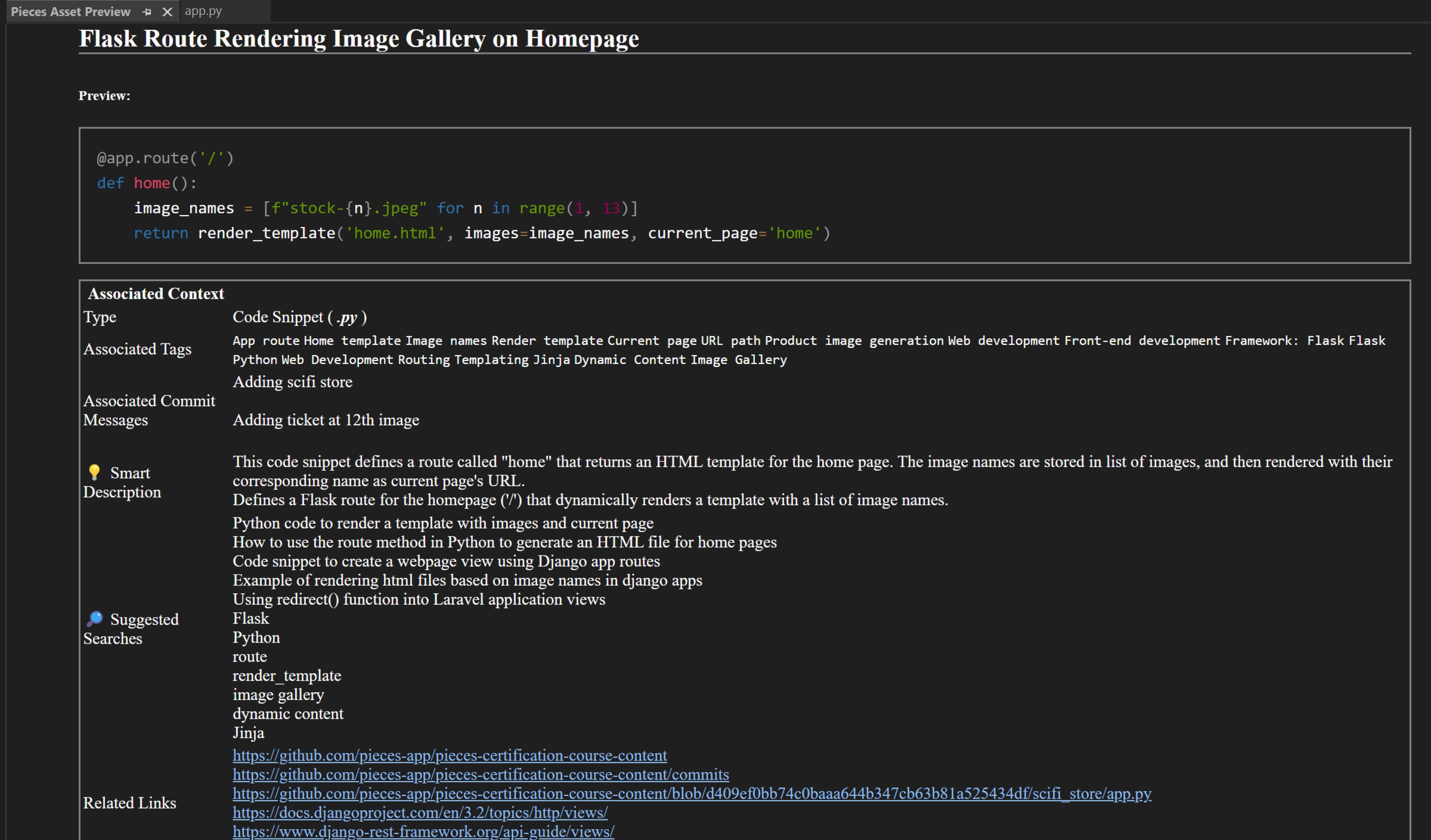 A screenshot of a saved Python snippet with the code and associated context such as tags and a smart description